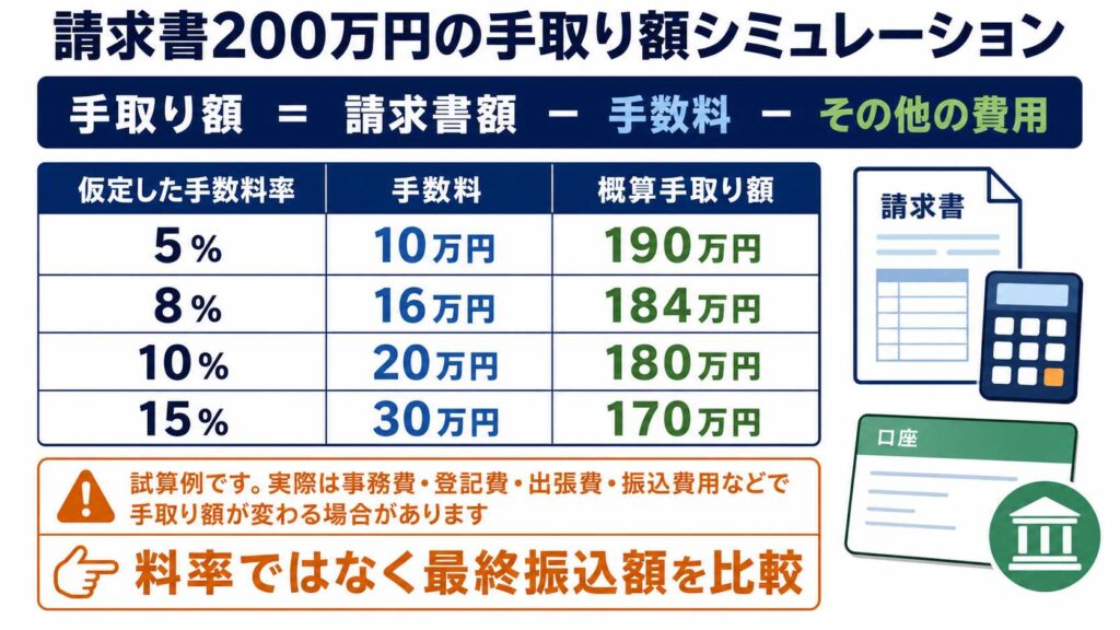 請求書200万円の手取り額を示す表。仮定の手数料率5％、8％、10％、15％と、それぞれの手数料額と概算の手取り額（190万円〜170万円）。