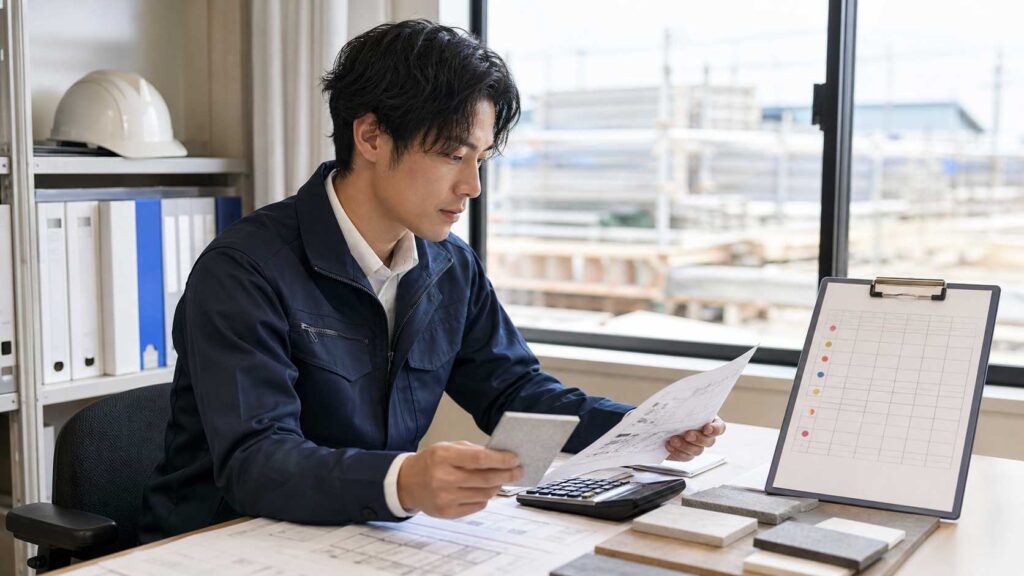 Man in a dark blue work jacket sits at a desk reviewing documents with a calculator, clipboard charts, and color swatches; a window shows a construction site outside.