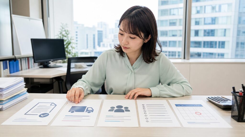 Woman at an office desk reviews multiple printed infographics and charts laid out in front of her, with a cityscape visible through the window.