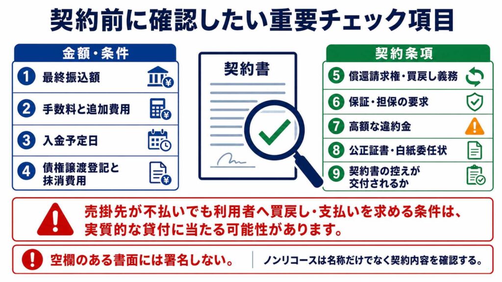 契約前の重要チェック項目を示すリストと契約書のアイコンが中央にある案内図