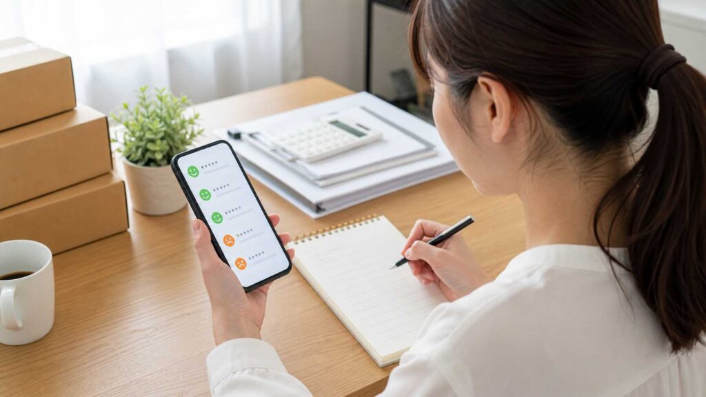 Person reviews feedback on a smartphone while taking notes in a spiral notebook at a tidy desk with a coffee mug and plant nearby