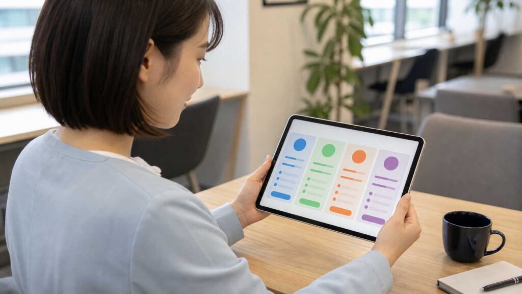 Woman in a light blue top views a tablet showing a colorful dashboard in a bright office, with a mug on the table nearby.