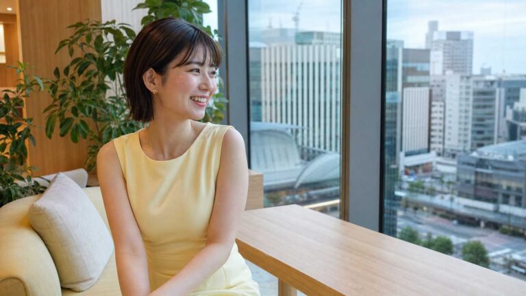 Woman in a pale yellow sleeveless dress sits on a sofa by a window, smiling; city skyline outside.