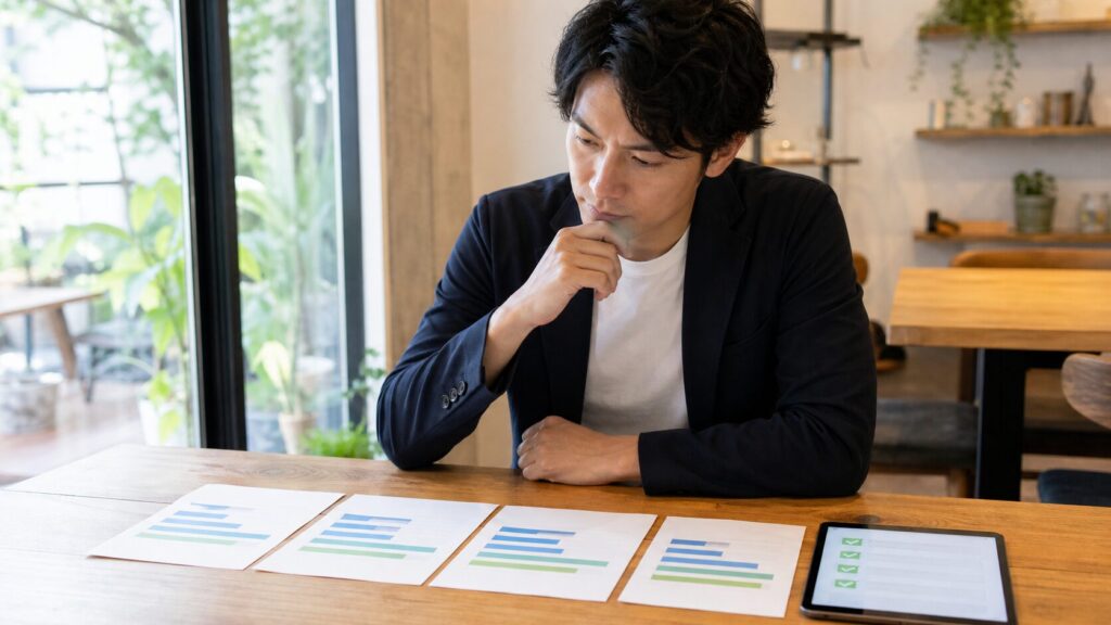 Man in a navy blazer reviews printed charts spread on a wooden table, with a tablet nearby in a bright, airy workspace.