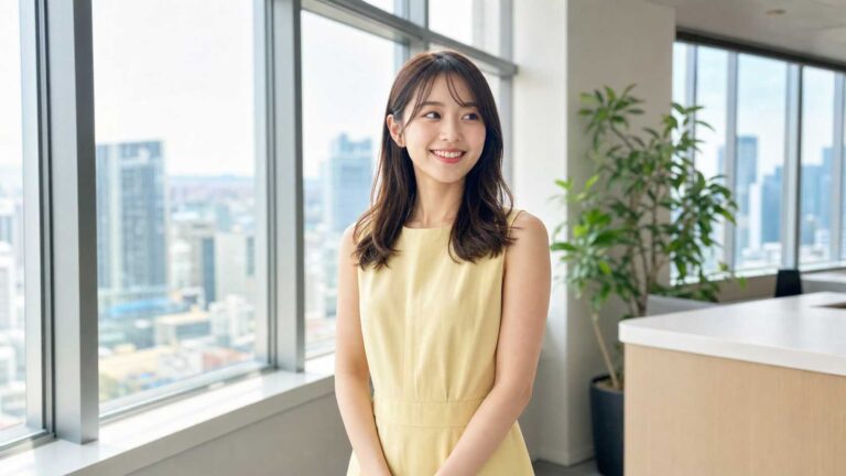 Smiling woman in a pale yellow sleeveless dress stands in a bright office by large windows with a city skyline outside.