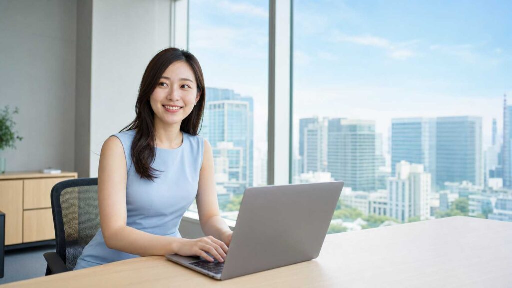 Professional woman sits at a desk in a bright office, typing on a silver laptop with a city skyline outside the window.