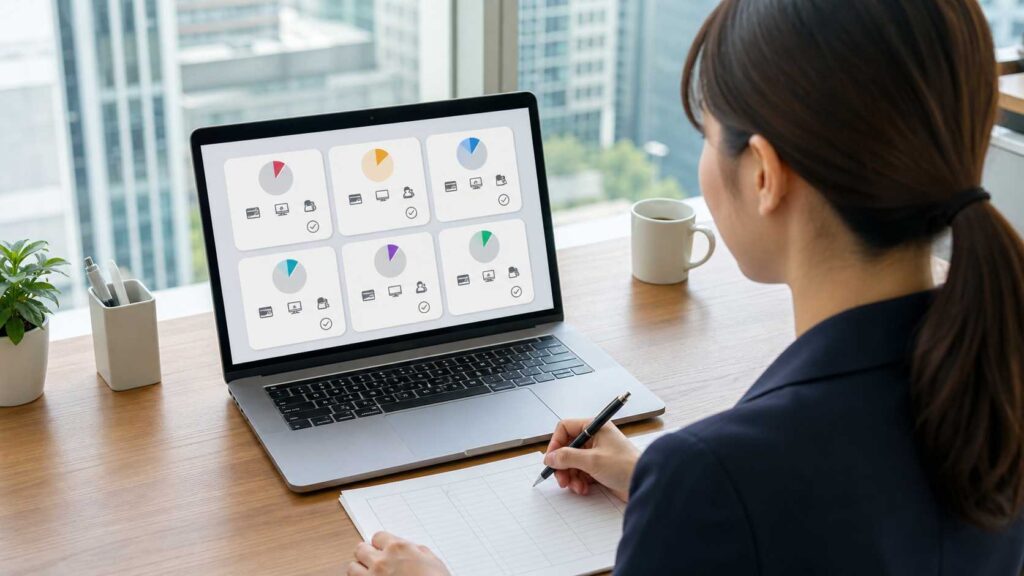Person in business attire looks at a laptop displaying six dashboard cards with pie charts, taking notes nearby on a notebook.