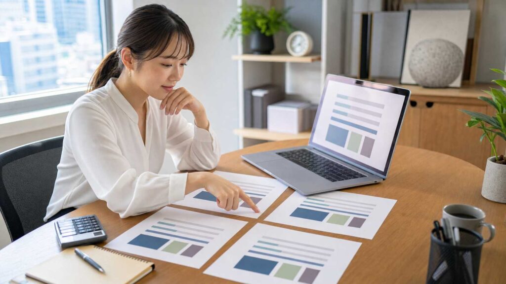 Woman in a white blouse sits at a wooden desk, pointing at printed charts while a laptop shows a color layout beside her in a bright office setting.