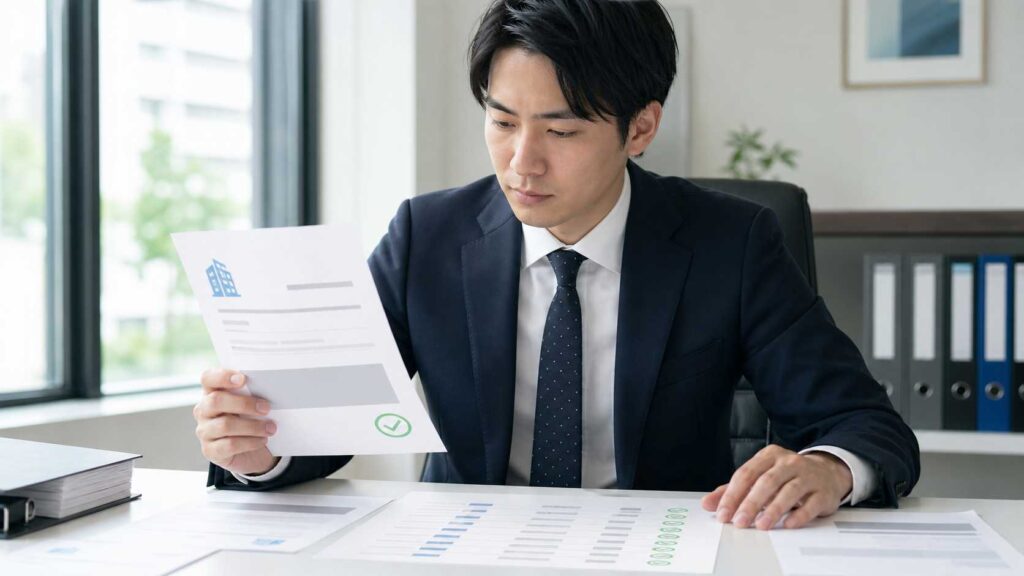 Businessperson in a dark suit examines a printed report with charts and a green checkmark at a bright desk in an office setting.