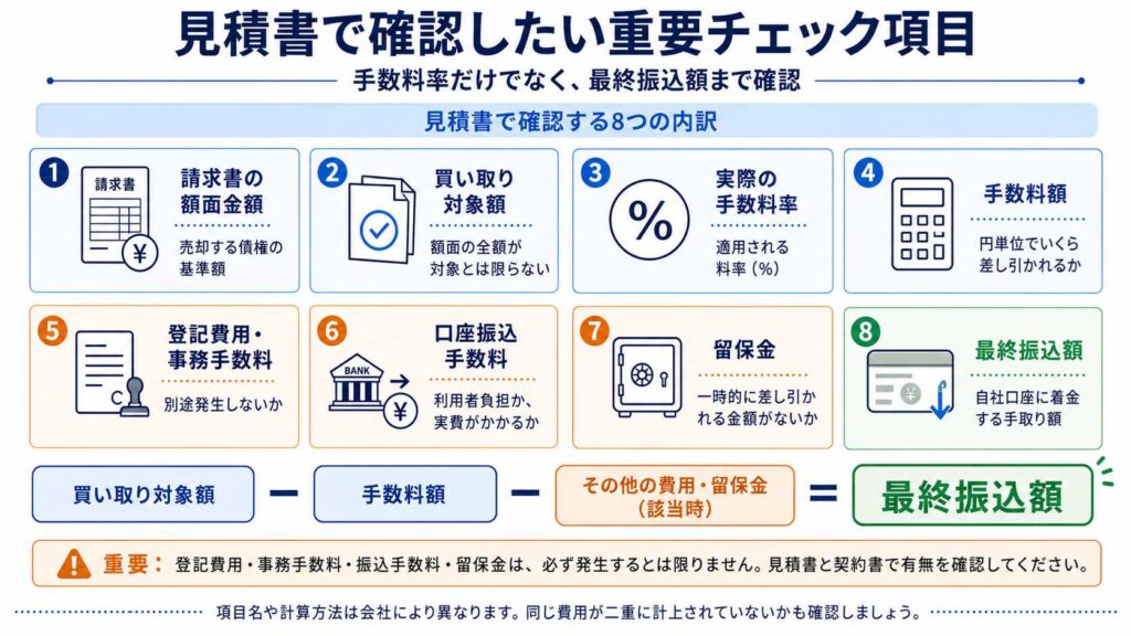 見積書の確認ポイントを8つ示す日本語のインフォグラフィック。各項目に番号とアイコンが付き、請求金額、買い取り額、手数料などの重要項目を一覧で解説する。