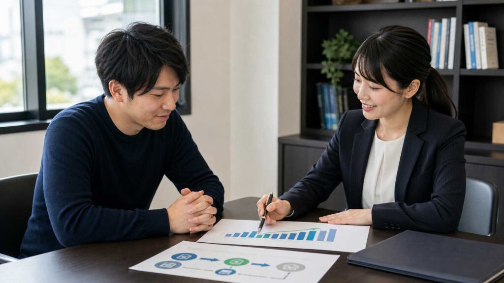 Two professionals in a meeting reviewing printed charts and graphs on a conference table.