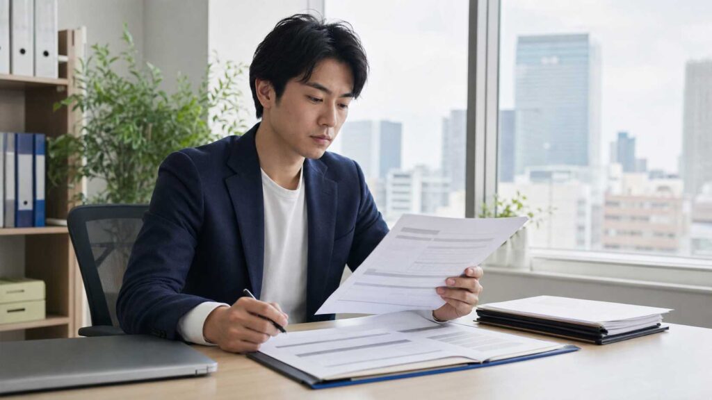 Professional man in a navy blazer sits at a desk, reviewing and signing documents in a bright office with a city skyline outside the window of his workspace.