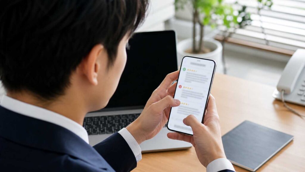 Person in a dark suit sits at a wooden desk, viewed from behind, holding a smartphone that shows text and star ratings (reviews).
