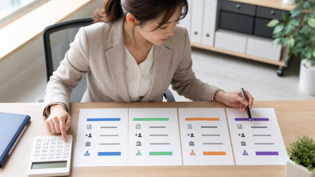 Woman in beige blazer reviews four color-coded reports with icons and bars at a desk?