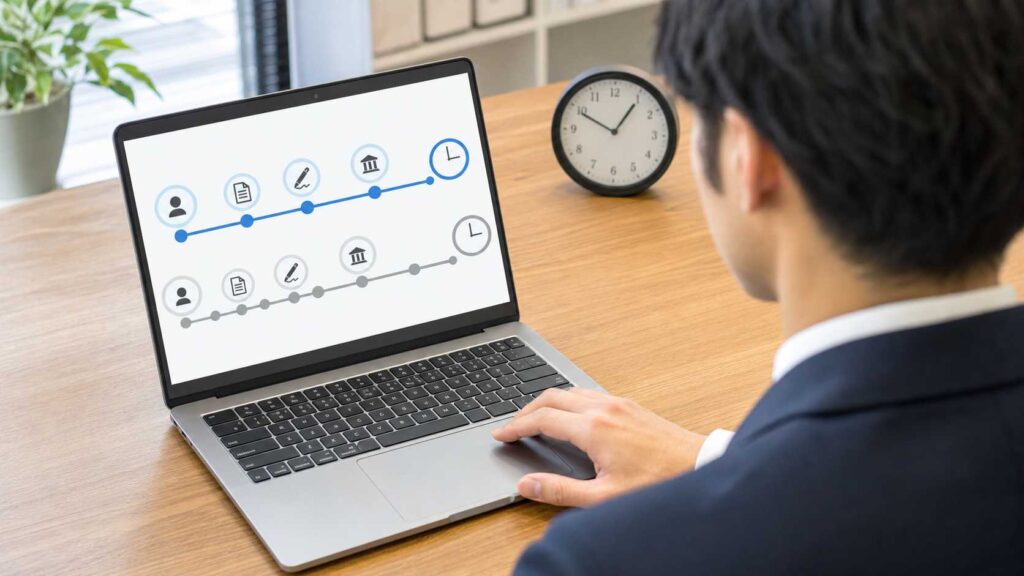 Person in a suit using a laptop that displays a two-line timeline infographic with circular icons along blue and gray progress lines on a wooden desk. Clock in the background.