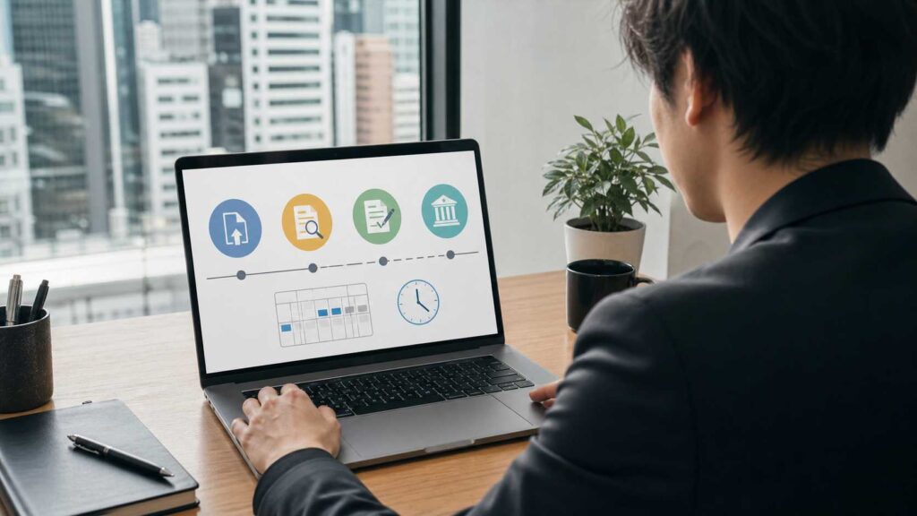 Person at a desk viewing a laptop displaying a dashboard with icons, a calendar, and a clock on screen.