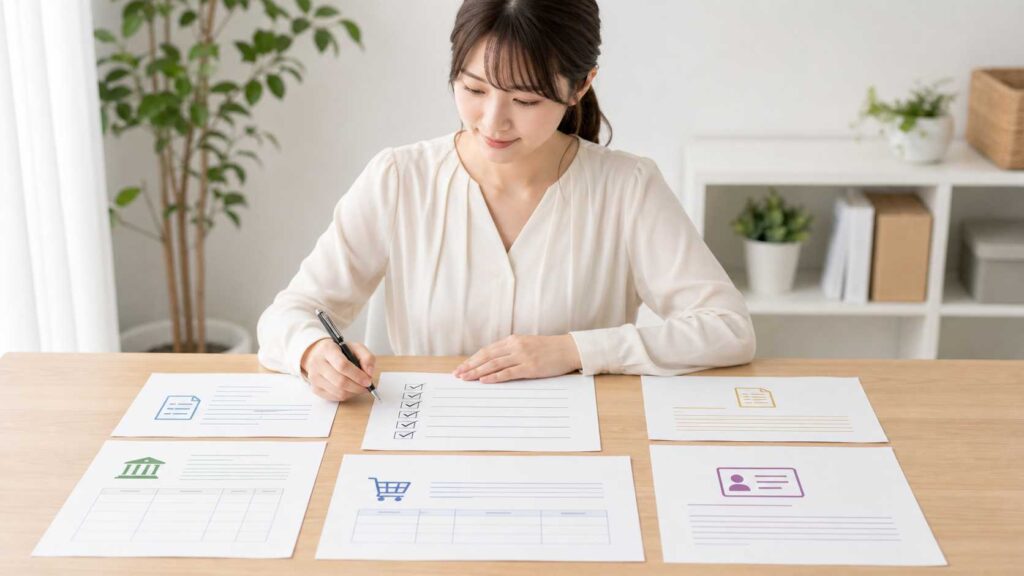 Woman in a white blouse signs a checklist among several printed documents on a wooden desk.