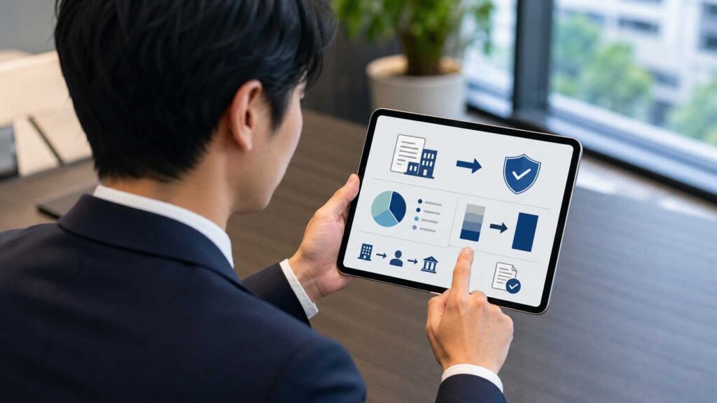 Businessperson in a suit holds a tablet displaying an infographic with charts, building icon, and shield symbol far on the screen.