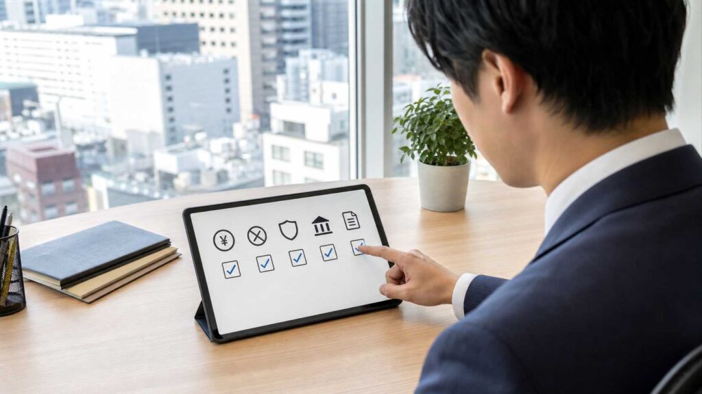 Businessperson in a suit taps a checklist on a tablet at a wooden desk by a window.