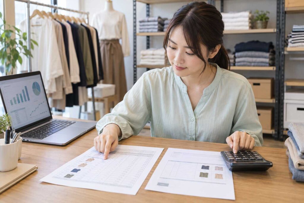 請求書と在庫表を確認する小売店経営者