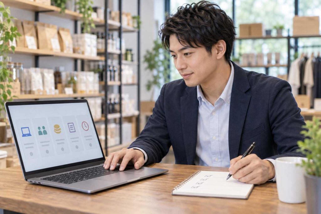 資金繰り表と在庫管理表を確認する経営者