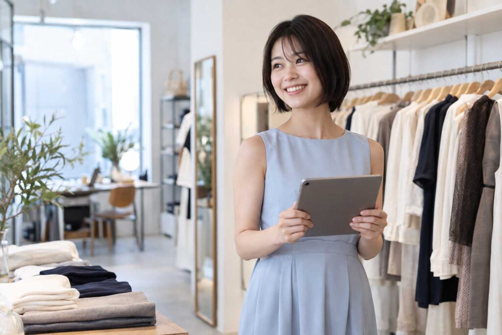 小売業の店舗でタブレットを確認する女性経営者
