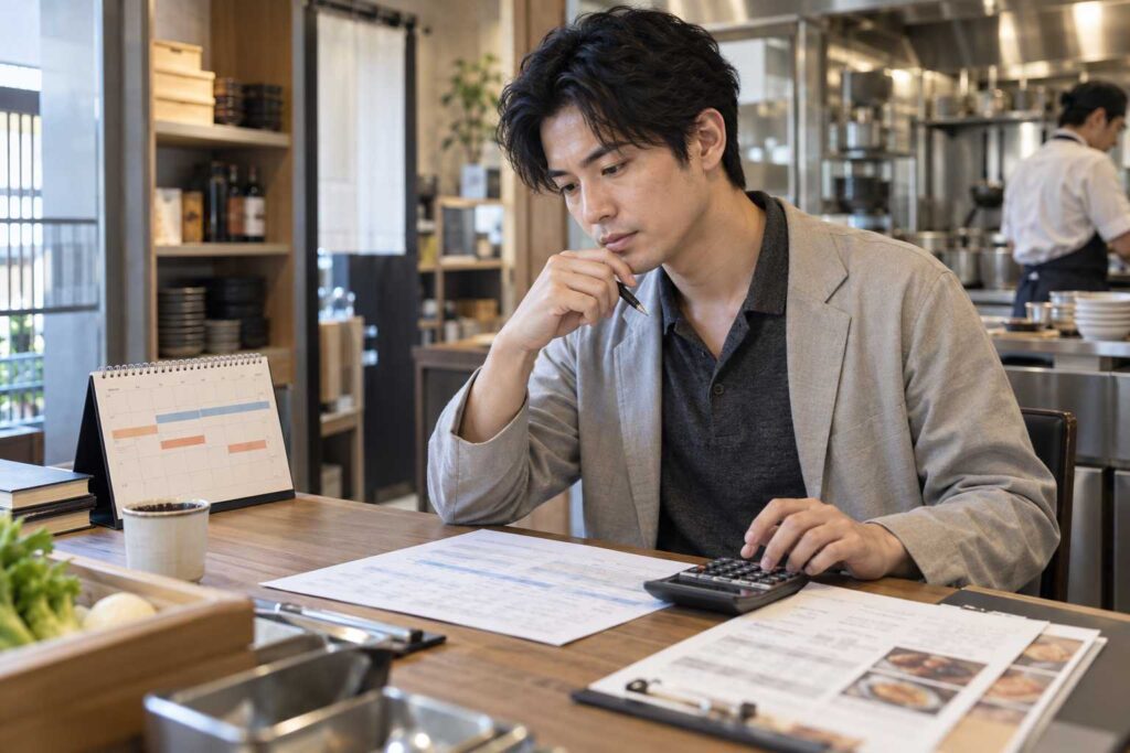 飲食店で資金繰りを確認する経営者