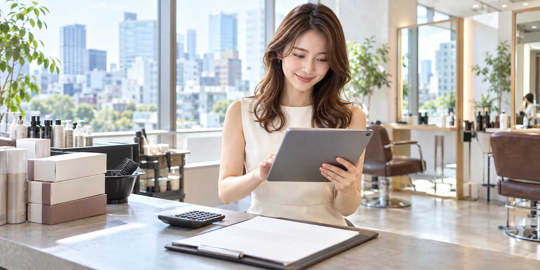 タブレットと電卓で資金繰りを確認する美容室・サロン経営者のイメージ