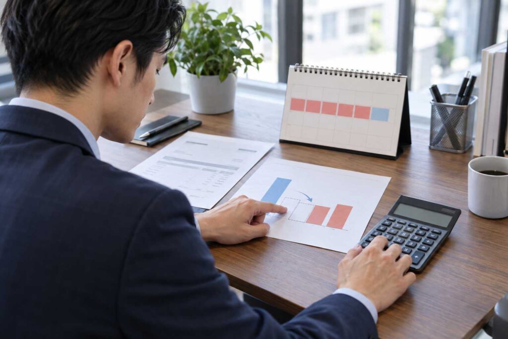 請求書と資金繰り予定を確認する様子