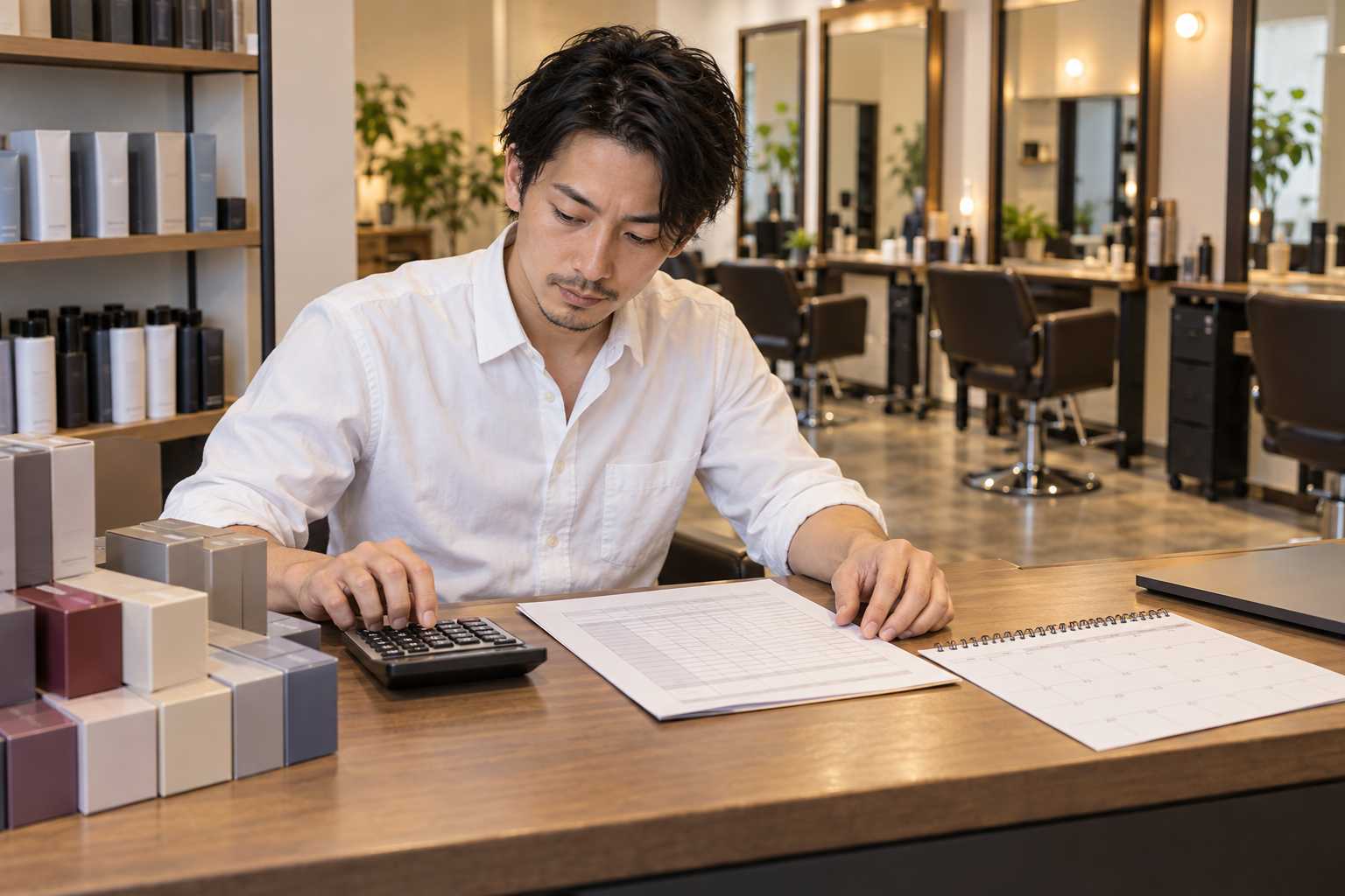 資金繰りの見通しが立ち、明るい表情でサロンを歩く経営者のイメージ