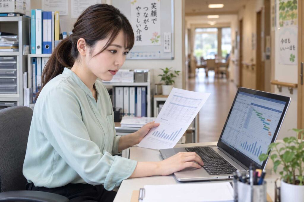 介護報酬の請求資料と入金日を確認する様子