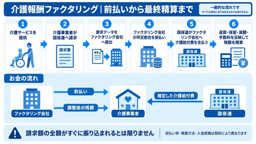 介護報酬ファクタリングの前払いから最終精算までの流れ