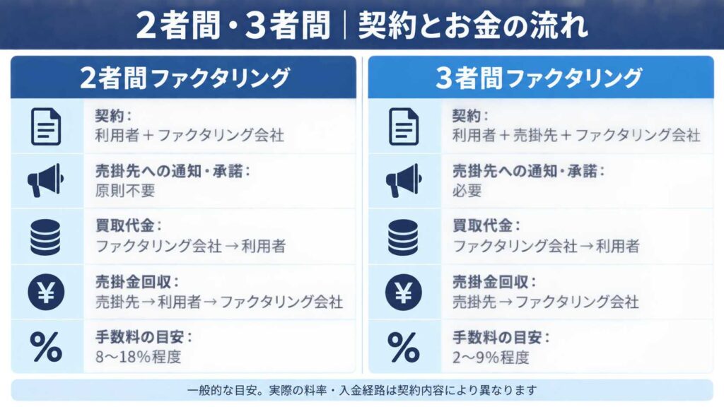 2者間・3者間ファクタリングの契約と資金の流れ
