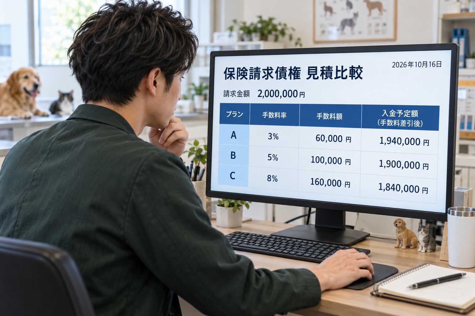 保険請求債権の見積もりをパソコン画面で比較検討する様子