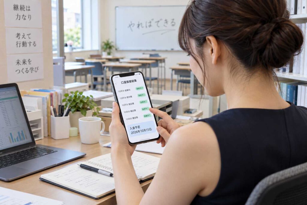 スマートフォンで月謝の口座振替結果を確認する様子