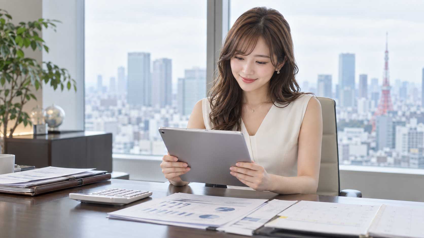 タブレットで資料を確認し、明るい表情を見せる経営者のイメージ