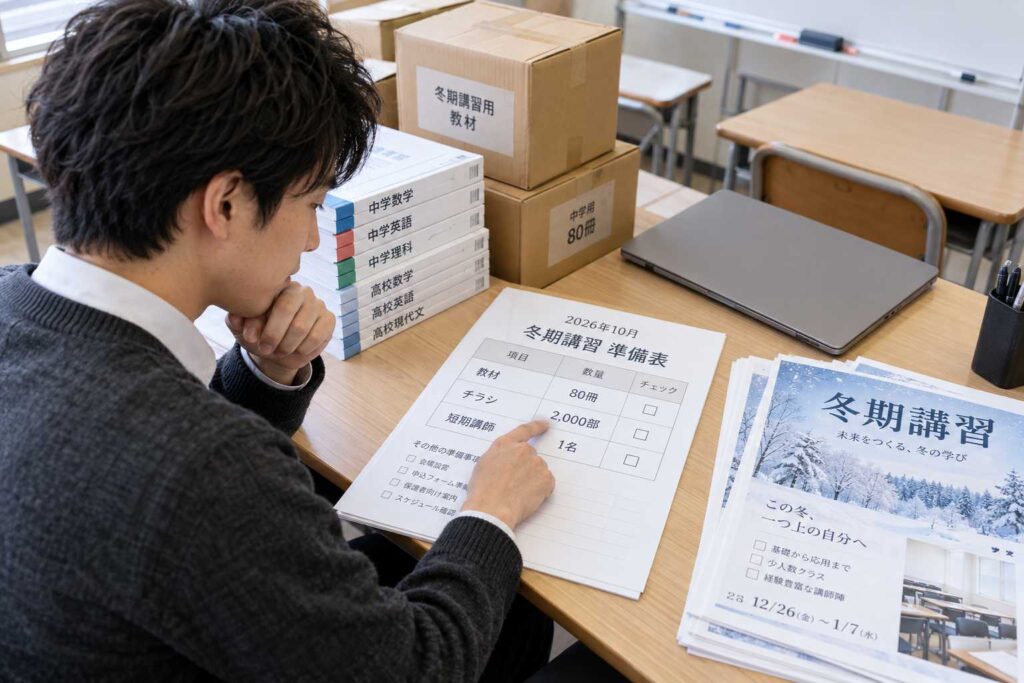 冬期講習準備表と教材を確認する学習塾経営者