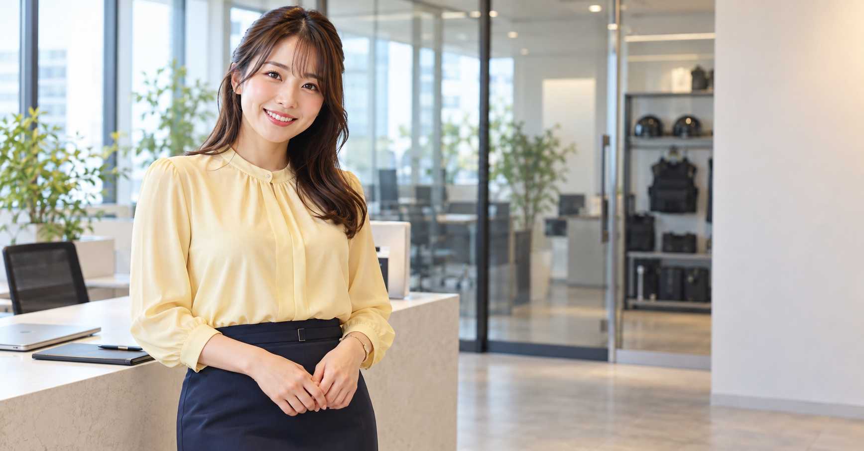 明るい受付に立つ警備会社のスタッフ