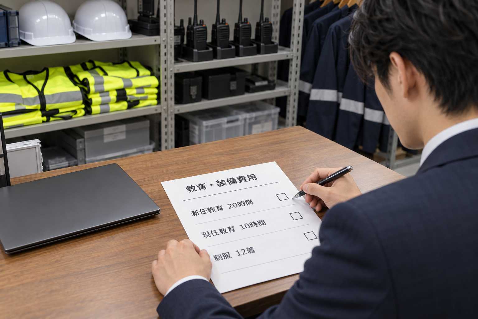 教育・装備費用のチェックリストを確認するスタッフ