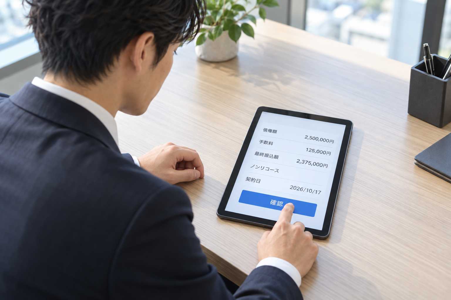 タブレットでファクタリング契約内容を確認する様子