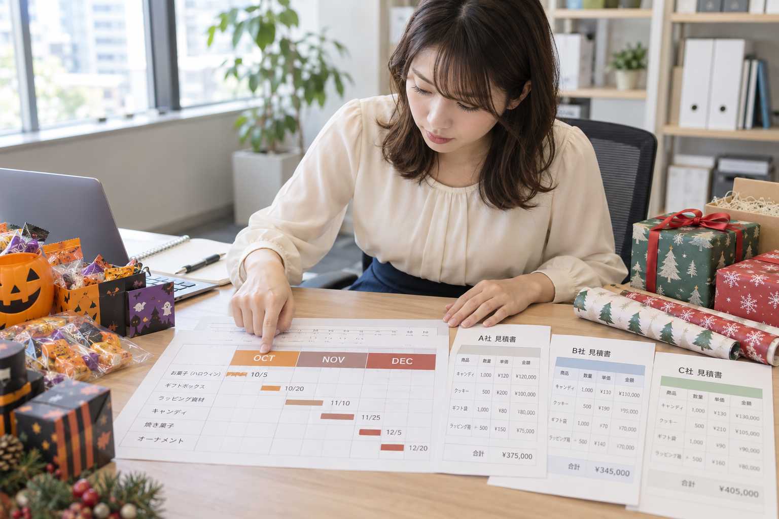 複数の仕入れ先の見積りと仕入れスケジュールを確認している様子