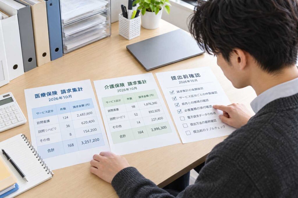 医療保険・介護保険の請求集計と提出前確認リストを見る管理者