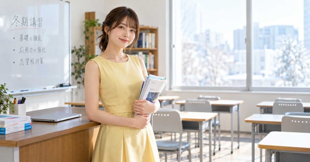 冬期講習の授業内容が書かれたホワイトボードのある教室