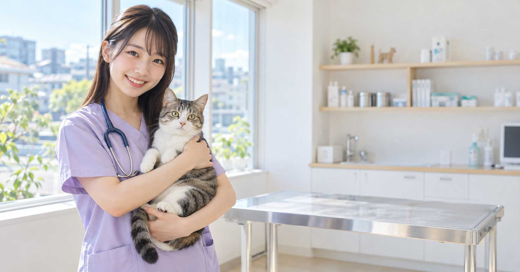 診察室で猫を抱っこして微笑む動物病院のスタッフ