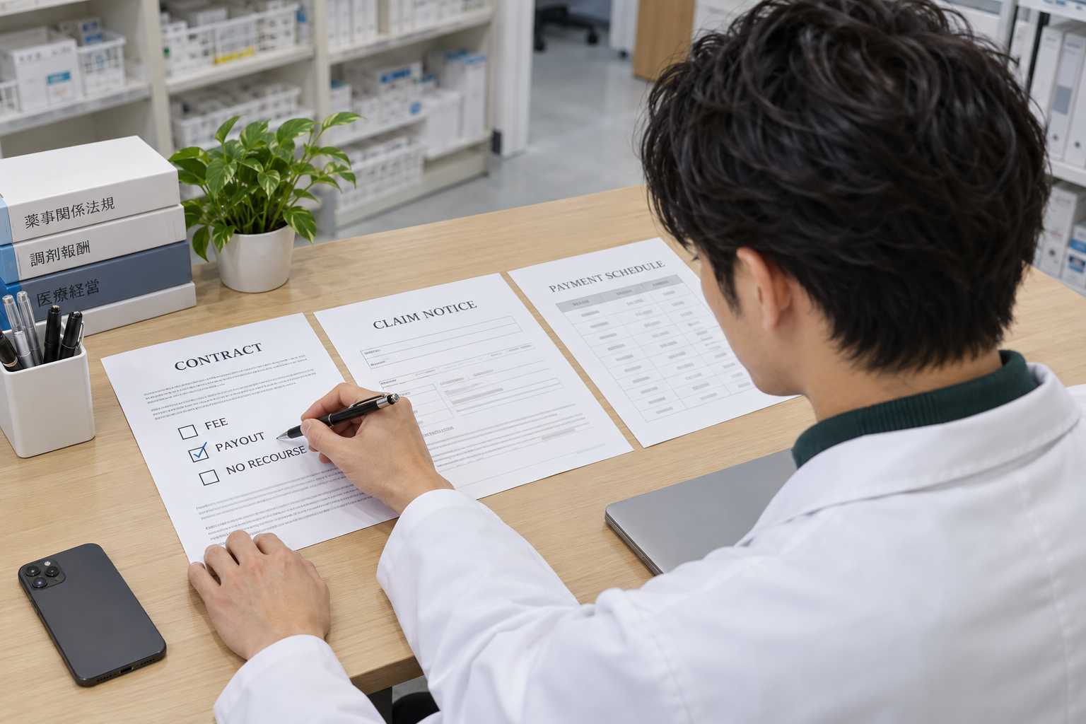 薬局経営者が契約書と債権譲渡通知を確認している様子