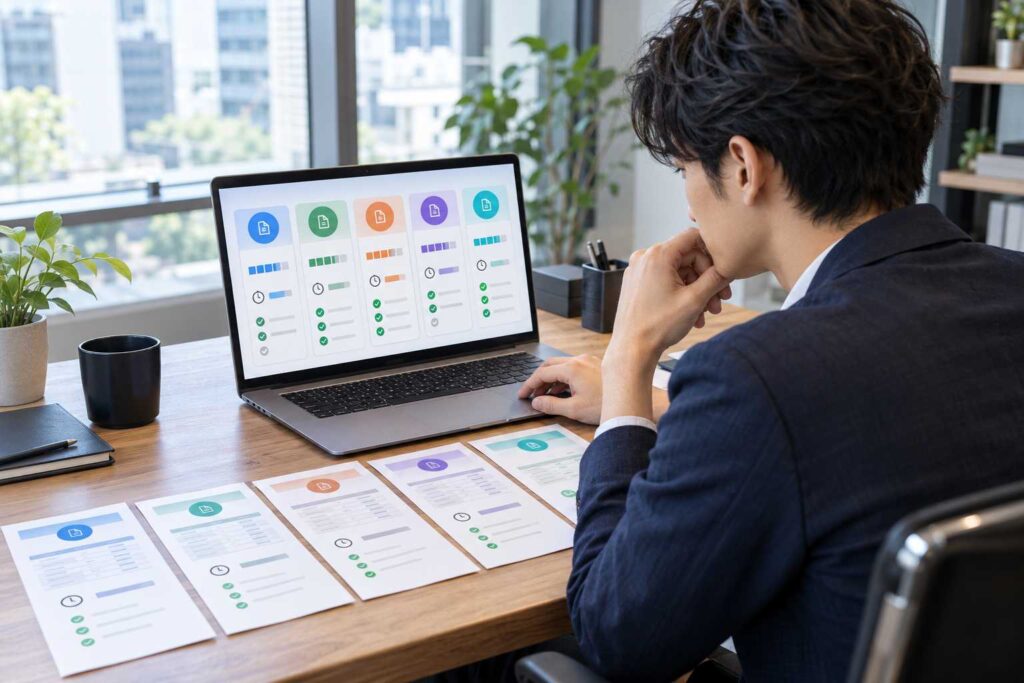 個人事業主がファクタリング5社を比較する様子