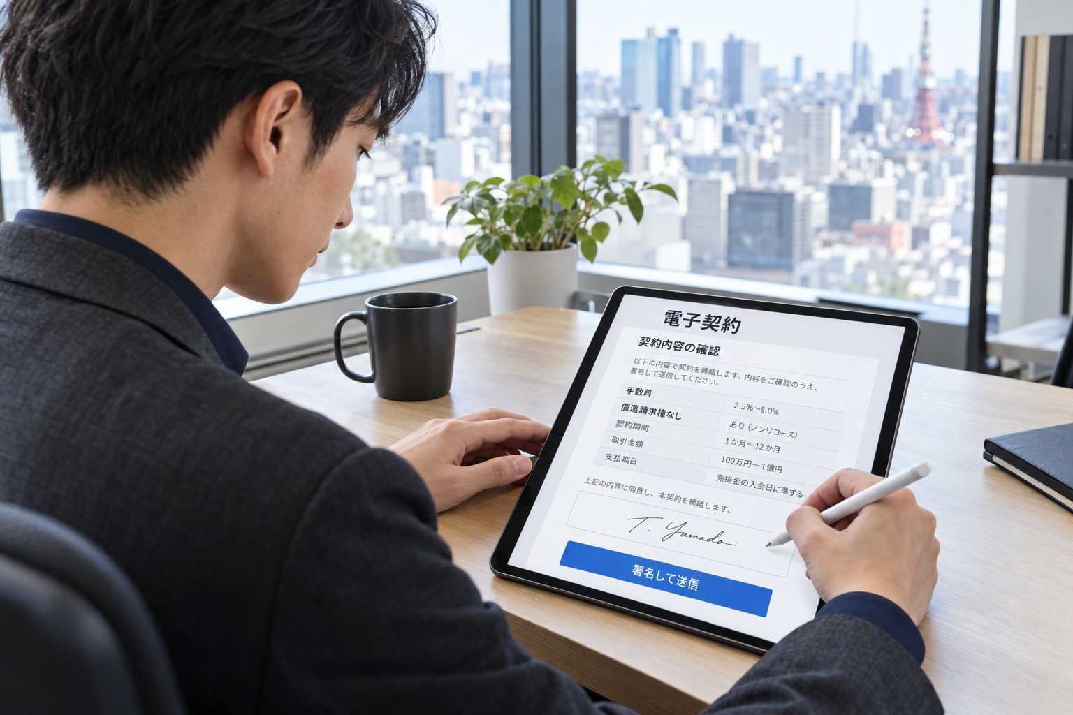 タブレットで電子契約に署名する男性