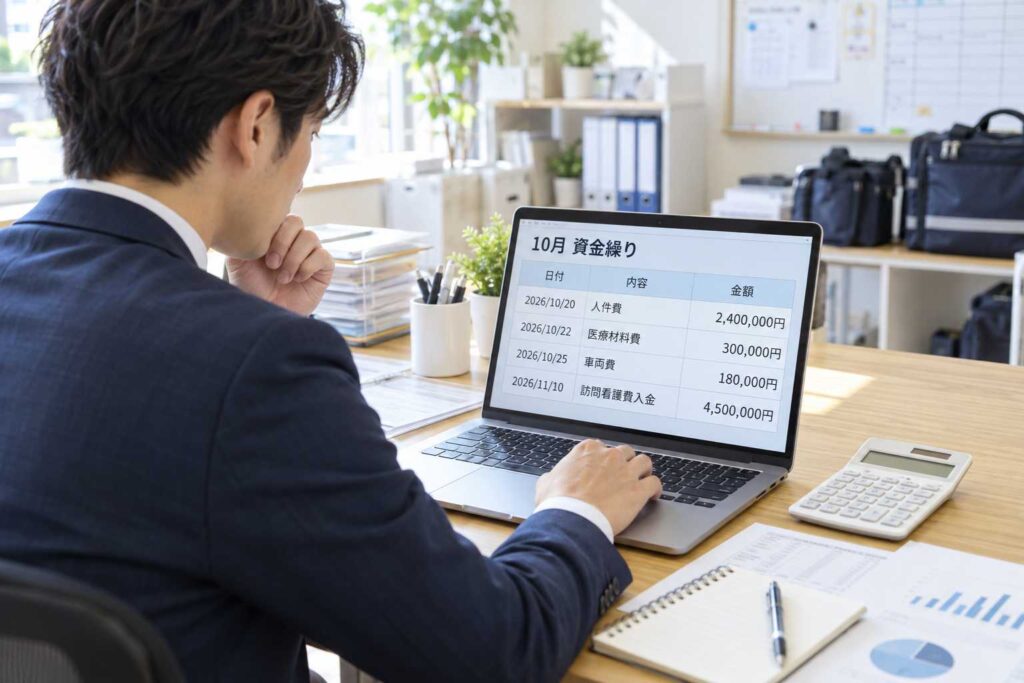 パソコンで10月の資金繰り表を確認する管理者