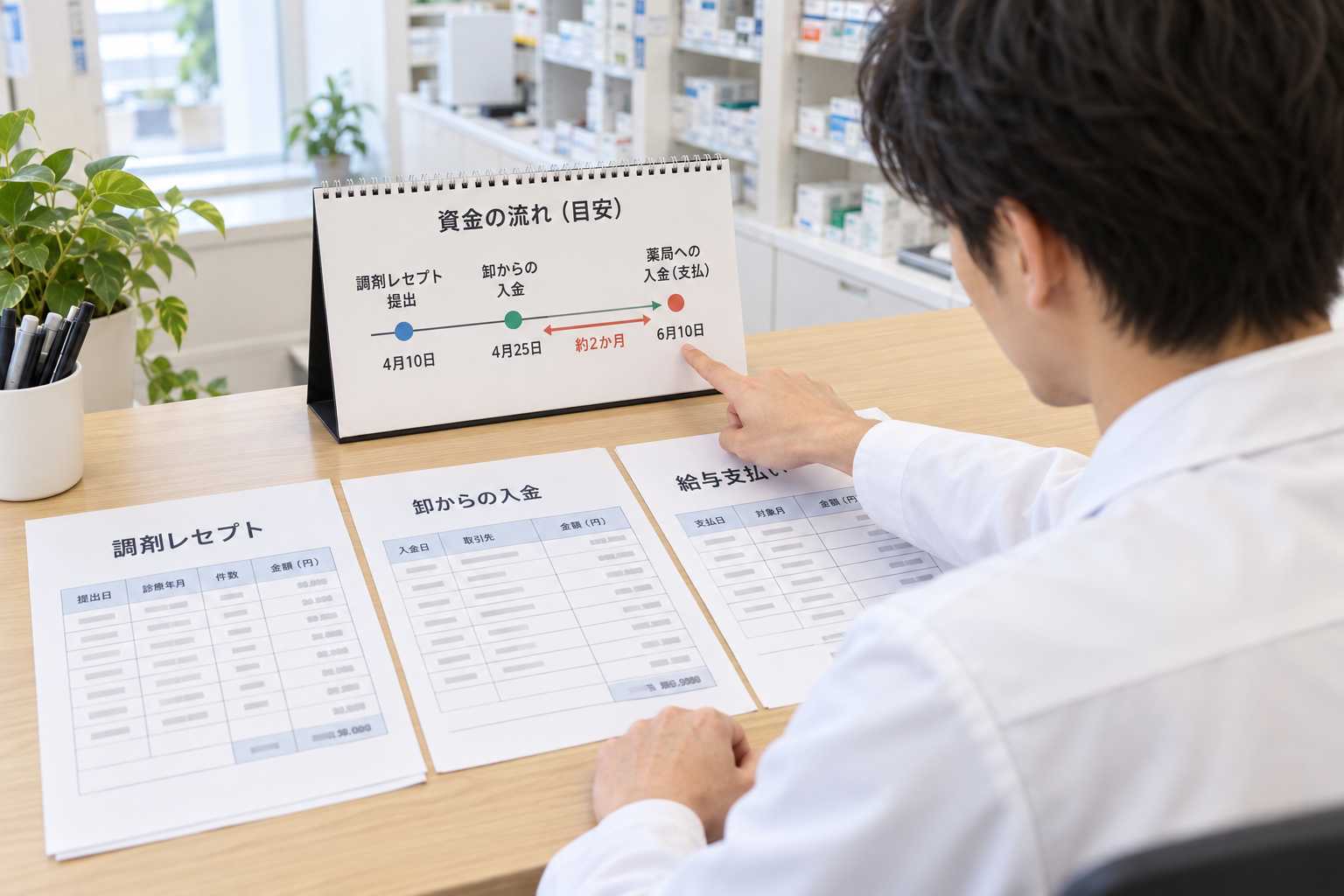 薬局経営者がレセプトや資金の流れを確認している様子