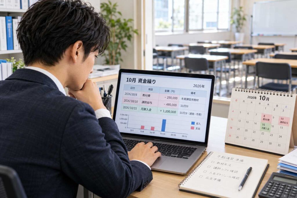 パソコンで10月の資金繰り表を確認する学習塾経営者